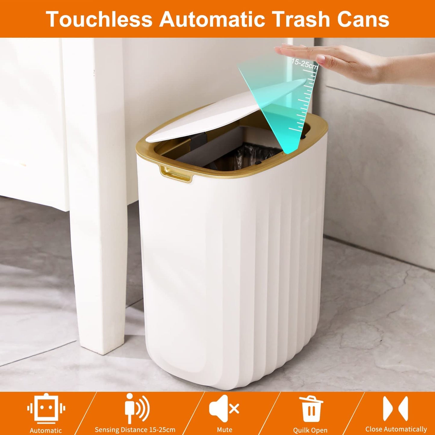 MOPUP Automatic Trash Can for Bathroom with Lid | 3.7 Gallon Motion Sensor Garbage Bin | Electric no Touch Waste Basket | Smart Garbage Can 14L for Bedroom, RV, Toilet, Laundry, Office(no Batteries) Square