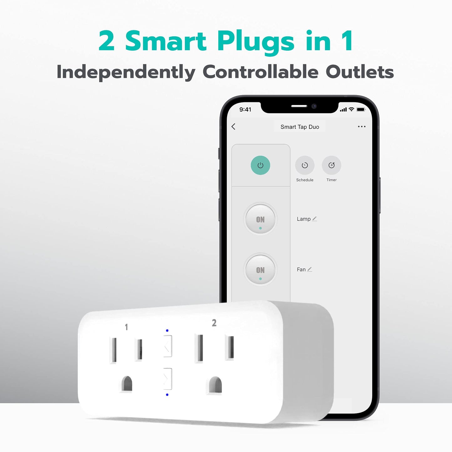 KMC Smart Plug Duo, 2-Outlet Wi-Fi Smart Plug, Multi Plug Adapter, Independently Controlled Smart Outlets, Works with Alexa & Google Assistant, No Hub Required 1 PACK