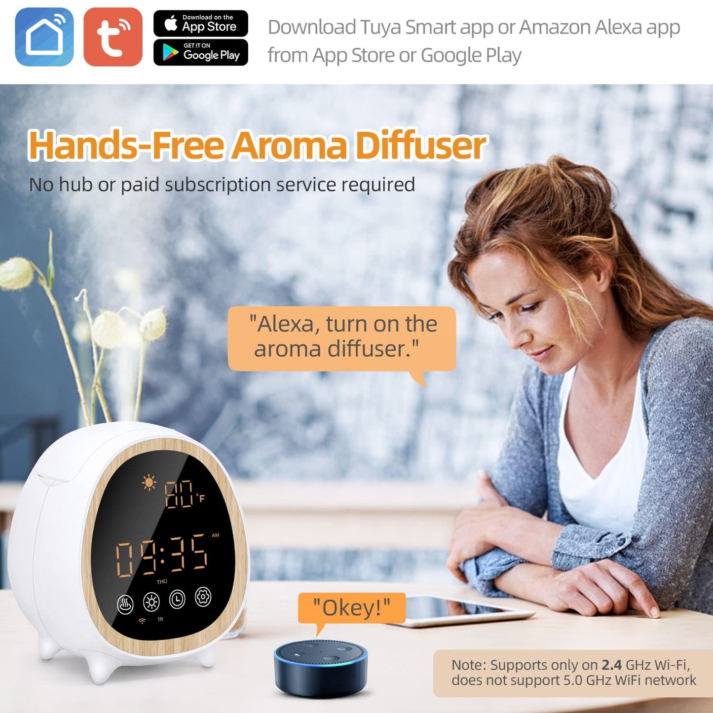 Kids Smart WiFi Essential Oil Diffuser w/ Weather Monitoring Clocks, 200ml Ultrasonic Aromatherapy Diffuser with Alexa & Google Home Phone App & Voice Control & Timer Cool Mist Humidifier White