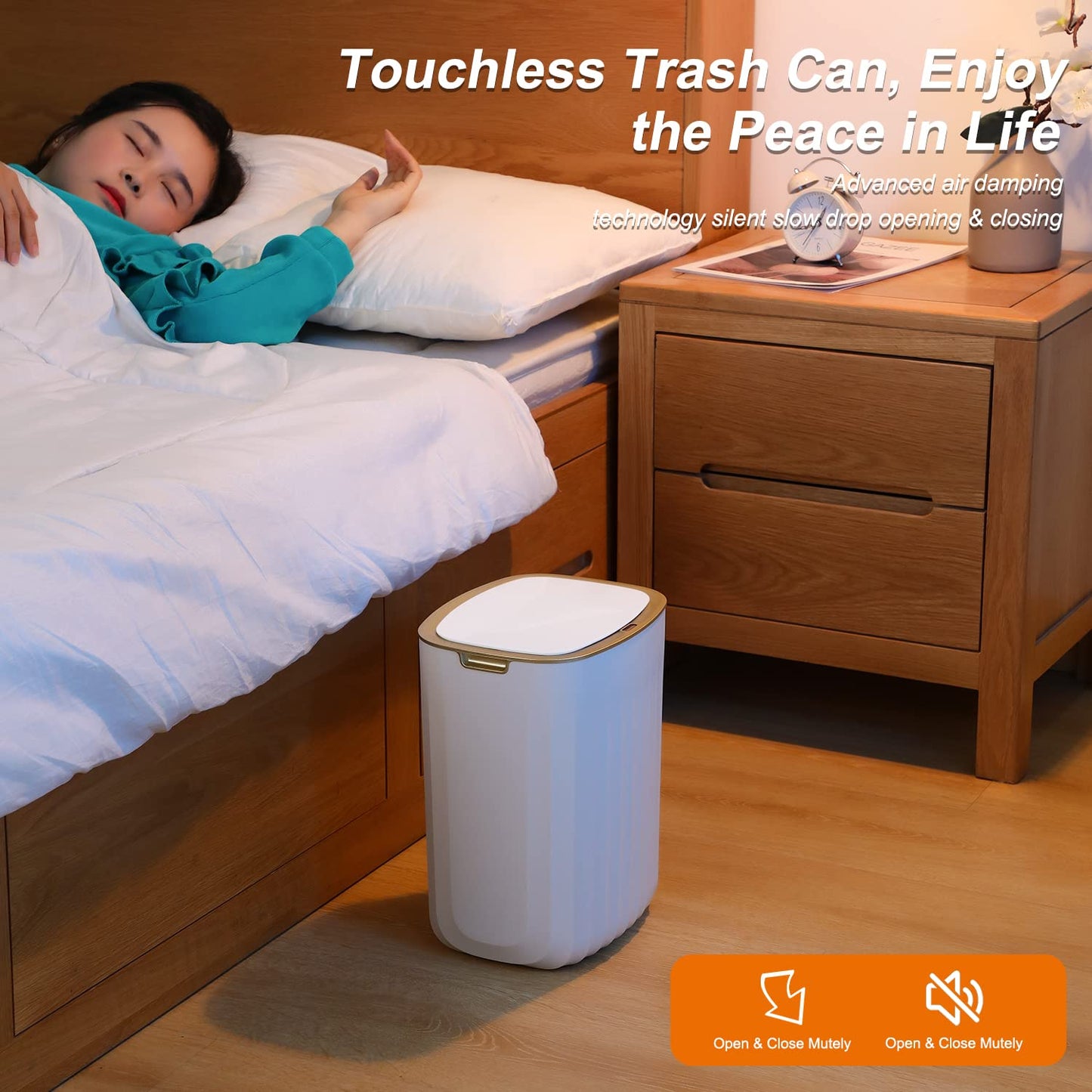 MOPUP Automatic Trash Can for Bathroom with Lid | 3.7 Gallon Motion Sensor Garbage Bin | Electric no Touch Waste Basket | Smart Garbage Can 14L for Bedroom, RV, Toilet, Laundry, Office(no Batteries) Square